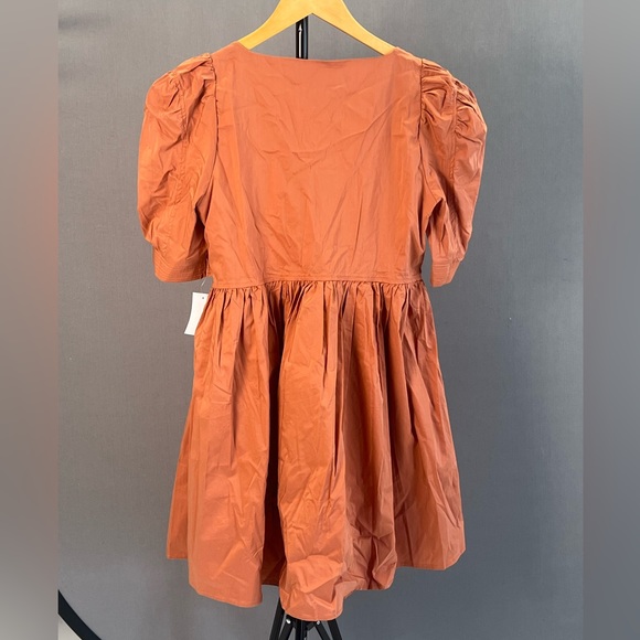 Rustic Orange Mini Dress. Square Neck. Short Sleeves. Pleated Skirt. - Picture 2 of 2